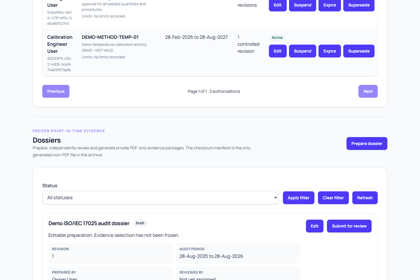 Obsidian Metra dossier workspace for preparing and reviewing calibration evidence